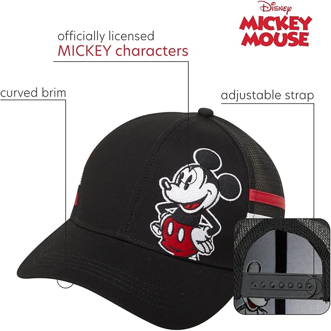 Disney Mickey Mouse Trucker Hat, Striped Snapback Baseball Cap for Men, Black, One Size