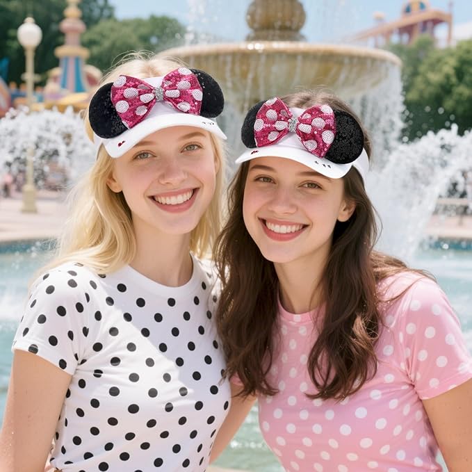 Adult Size Mouse Ears Visors for Women, Adjustable Sun Visor Hat Baseball Cap with Sequin Mouse Ears Bow for Theme Park Decor