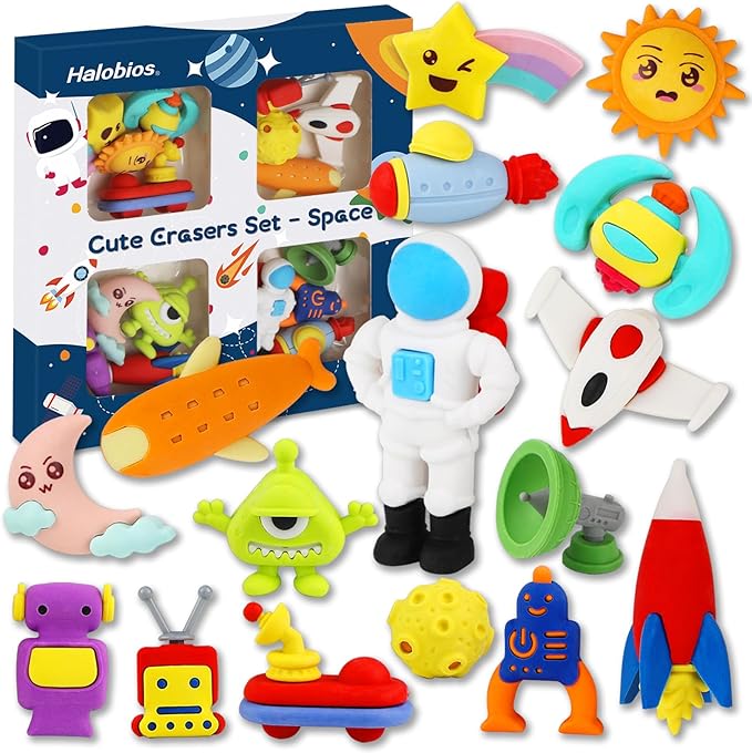 Erasers Set for Kids, Space Astronaut Pencil Eraser Bulk for Kids, Take Apart by Halobios