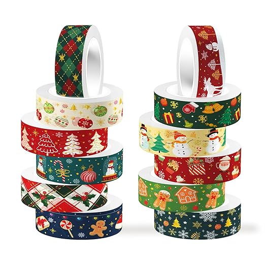 12 Rolls Christmas Washi Tapes Christmas Tree Snowman Snowflakes Gingerbread by Unknown