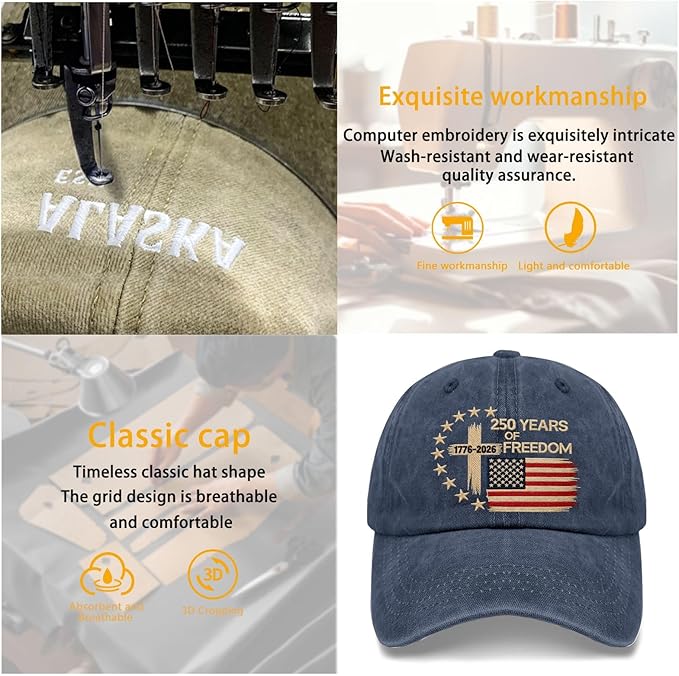 US 250 Years Freedoms 1776-2026 250th Birthday Embroidered Hats Garde Cap for Him