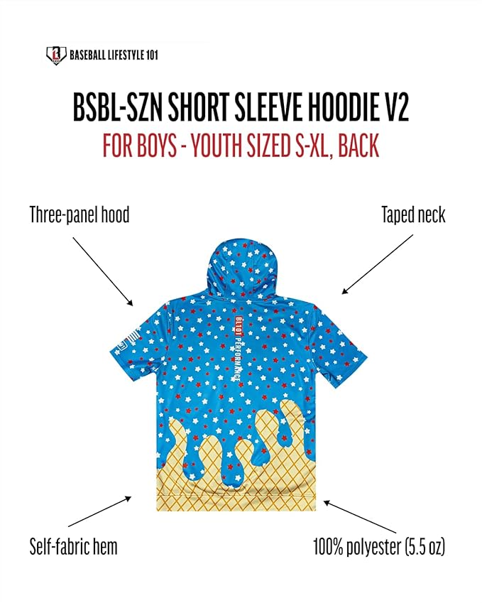 Baseball Lifestyle 101 BSBL SZN Youth Short Sleeve Hoodie with Front Pouch Pocket V2 Ice Cream Sizes Youth Small to XL