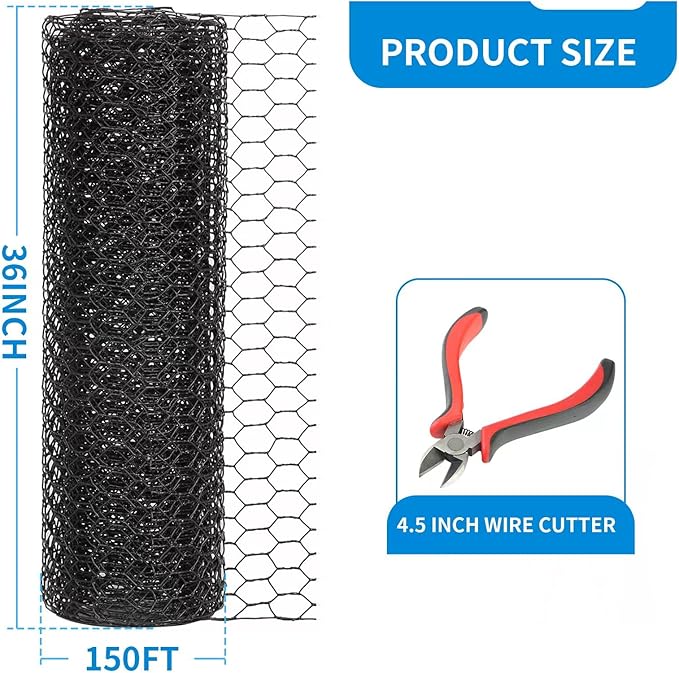 36'' x 150' Black Chicken Wire Mesh Fence, 20 Gauge Galvanized Poultry Netting - Image 2
