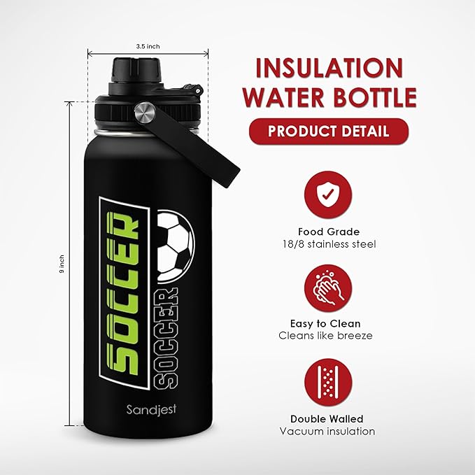 SANDJEST Soccer Insulated Stainless Steel Water Bottle 32oz, Vacuum Chug Lid Travel Tumbler for Men Friends Dad Brothers Players Coaches, Gift for Birthday Christmas Fathers Day
