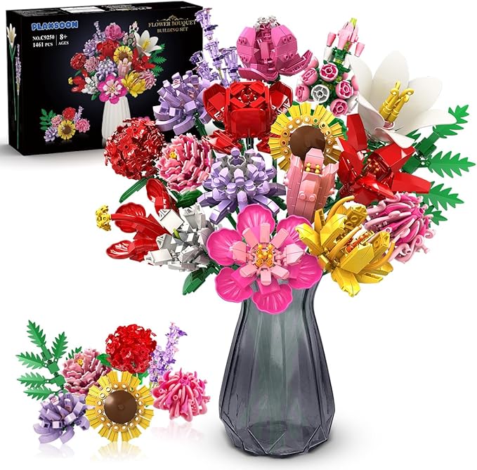 Flower Bouquet Building Set, 18 Flowers Rose Sunflower Home Plant Decor by PLAXSOON