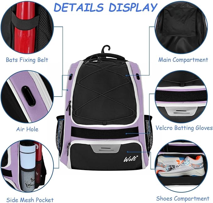 WOLT Youth Baseball Bag - Bat Backpack for Baseball, T-Ball & Softball Equipment & Gear, Bat & Glove Holder, Large Main Compartment for Helmet & accessories, Separate Shoes Compartment, Fence Hook
