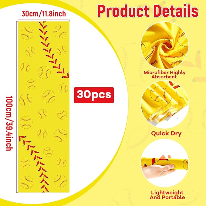 30Pcs Softball Cooling Towels for Neck and Face 40 x 12 Inch Softball Sports Team Gifts Workout Ice Towel for Gym Sweat Microfiber Breathable Chilly Bulk Neck Wraps for Athletes Camping Travel Outdoor
