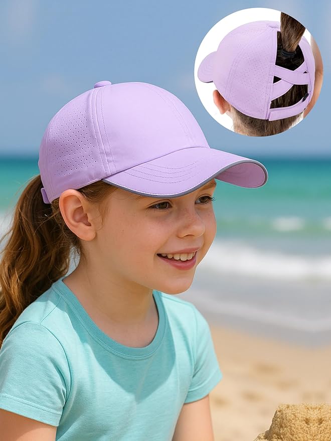 Little Girls Criss Cross Ponytail Hat Toddler Reflective Baseball Cap Kids Quick Dry Summer Sports Hats Age 3-8