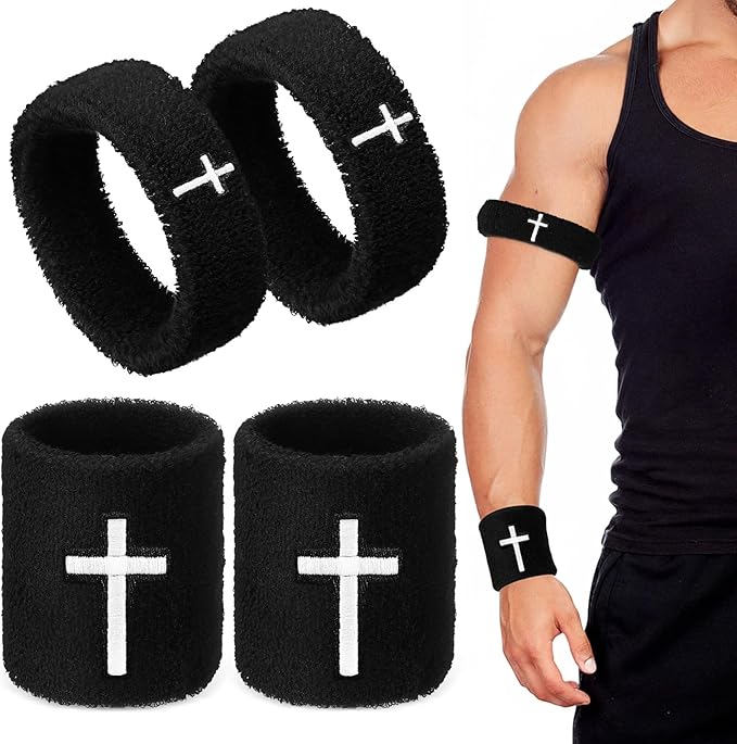 Soulchen 4 pcs Cross Bicep Bands Wrist Bands Christian Arm Sweat Wristbands Absorbent Armband for Men Women Football Baseball Players Sports Activities Supplies