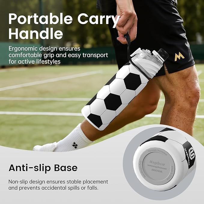 Soccer Water Bottle - 20oz Insulated Misting Water Bottles Stainless Steel 3D Textured - Soccer Accessories Gift for Kids
