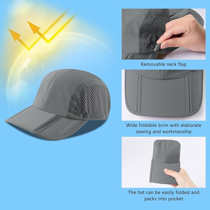 BASSDASH UPF 50+ Foldable Fishing Hat Baseball Cap with Removable Neck Flap Portable for Men Women Golf Hiking