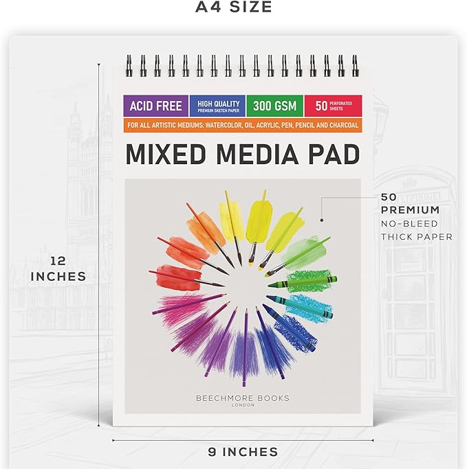 BEECHMORE BOOKS Mixed Media Spiral Sketchbook A4 9×12 – 300 GSM Heavyweight - Image 4