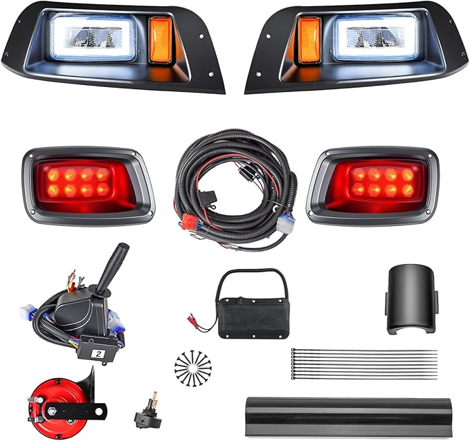 LED Headlight & Tail Light Kit for EZGO TXT 1996-2013 Includes High-Beam & Low-Beam, Turn Signals, Horn, Brake & Wiring Harness Street-Legal, Plug-and-Play Upgrade 12V