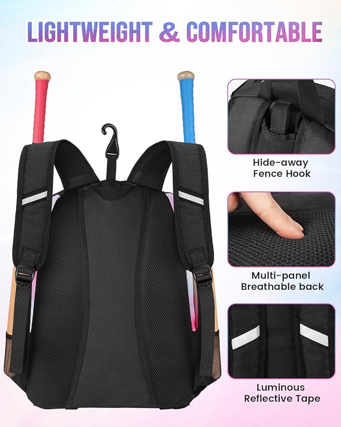 MATEIN Softball Bag, Lightweight Baseball Backpack with Shoe Compartment, Baseball Bag with Fence Hook for TBall Bat & Equipment, Softball Gifts Catchers Backpack for Women Fit Catcher’s Mitt, Helmet