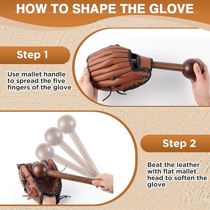 Hollowfly Baseball & Softball Glove Mallet-12 Inch Wooden Hammer with Leather Rope, Durable Glove Pocket Break-in Tool