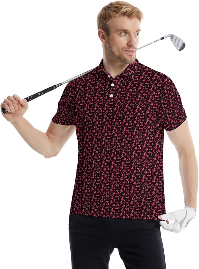 HUURAY Funny Golf Polos for Men Funny Print Short Sleeve Shirts Quick Dry Polo Shirts Hawaiian Shirt Performance Golf Outfits