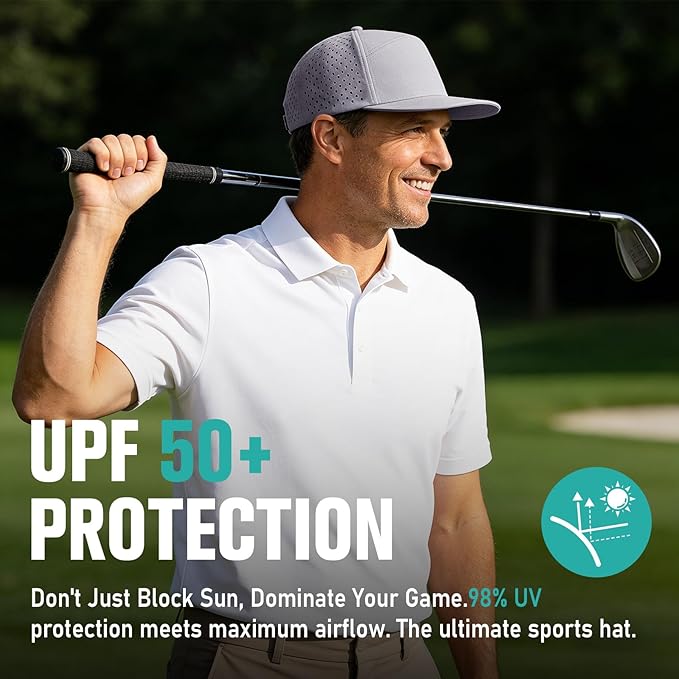 AOPREL Flat Brim Baseball Cap for Men Adjustable Water-Resistant Performance Hat with Breathable Laser Perforated