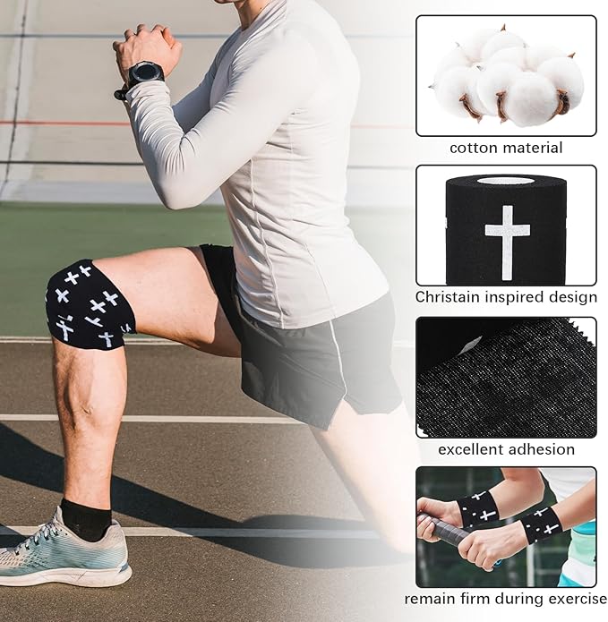 2Pcs Pre-Wrap Black Christian Athletic Wrist Tape 2 Inch Wide, Soccer Baseball Drip Wrist Tape Cross Socks Accessories Drip Youth, Sport Supplies for Football Sports Baseball Gymnastics Athlete Injury