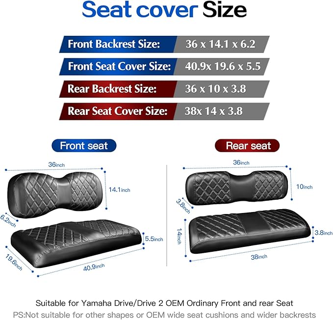 NOKINS 4PCS Golf Cart Diamond Seat Covers Kit,Front and Rear Seat Covers for Club Car Precedent/EZGO TXT/Yamaha Original Regular Seat Cushion (Black&Black Stitching, Fit Yamaha Drive/Drive 2)