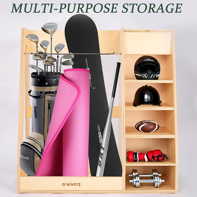 WINGYZ Premium Birch Plywood Golf Bag Storage for 2 Bags | 36lb Rock-Solid Golf Bag Organizer | 7-Shelf Command Center | Artificial Turf 12-Ball Display | No Wall Mounting Required (Natural)