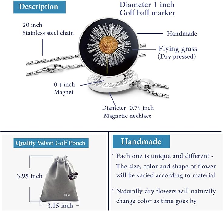 Golf Ball Marker necklace with ball marker, handmade pressed flower golf marker,Gifts Accessories Women Golfers