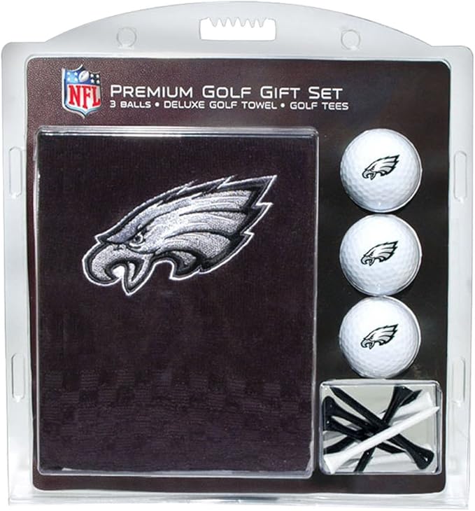 Team Golf NFL Philadelphia Eagles Gift Set: Embroidered Golf Towel, 3 Golf Balls, and 14 Golf Tees 2-3/4" Regulation, Tri-Fold Towel 16" x 22" & 100% Cotton