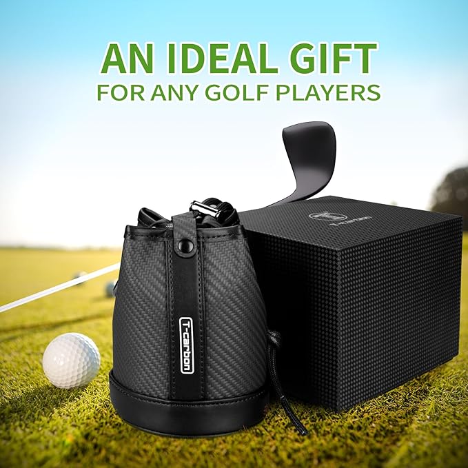 T-carbon Travel Gear Professional Valuables Golf Pouch;Bucket Waist Design Bag with Drawstrings;Carbon Fiber and Leather Golf Tee Bag for Glofers Men Women Very Practical Black