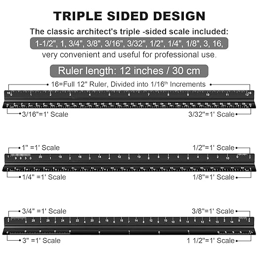 Architectural Scale Ruler Set, 2 Pack 12 Inch Aluminum Architect Ruler - Image 2