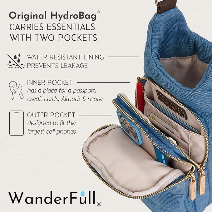 WanderFull® Original HydroBag® Collection, Water Bottle Holder, Gift for Women, Mom, Girlfriend, w/Strap & Phone Pocket, Hands-Free Crossbody Water Bottle Bag