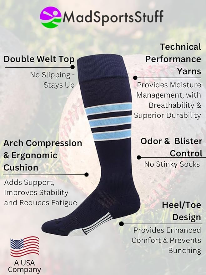 MadSportsStuff Softball Socks Baseball Socks | White & Team Colors | USA Made | Sizes for Girls, Youth Boys, Men & Women