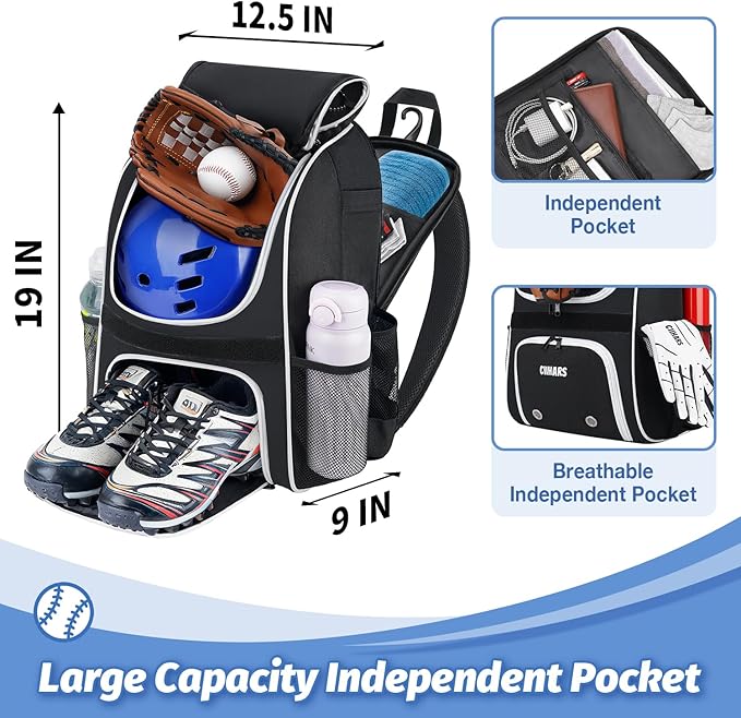 Youth Baseball Bag - Baseball Backpack Bat & Glove Holder, T-Ball & Softball Equipment & Gear,Large Main Compartment for Helmet & accessories, Fence Hook，Insulation Pocket