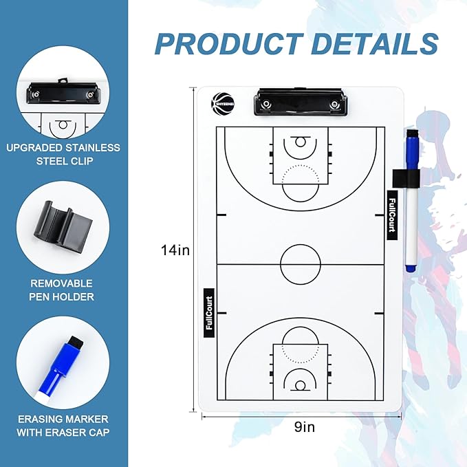 Basketball Coaching Board, 2026 Version Double-Sided Basketball Clipboard for Coaches, Dry Erase White Board for Coaches, Solid Coaching Marker Boards, Portable and Efficient