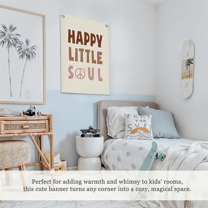 Nursery Wall Decor, Kids Room Decor, Happy Little Soul Linen Canvas Banner - Image 4