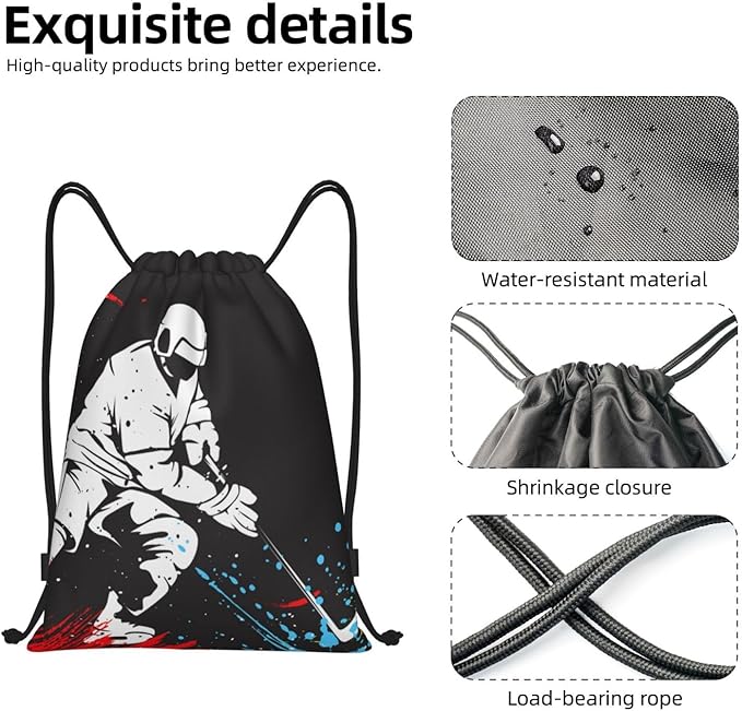 Sports-Themed Drawstring Bags with Printing a Playing Hockey Man Pattern, Kids Adults Drawstring Backpack Casual Knapsack Unisex, Black Shoulders Rucksack Bags for Gym Travel Swimming Yoga, Small