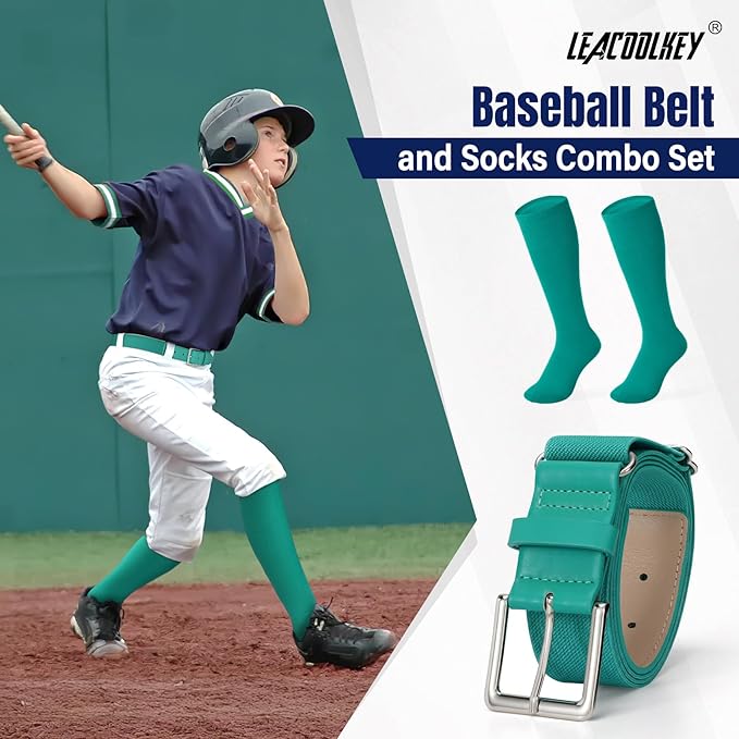 LEACOOLKEY Baseball Belt and Socks Combo Set Adjustable Softball Socks and Elastic Belt for Youth and Adult