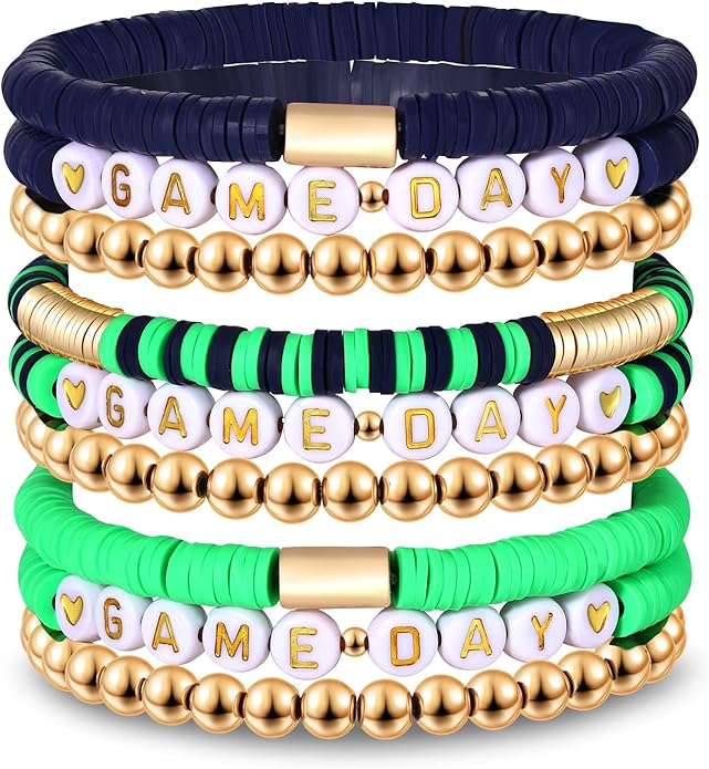 NLCAC 9 Pack Game Day Bracelets Stackable Heishi Beaded Stretchy Bracelet Preppy Jewelry Baseball Football Team Bracelets Sports Fan Accessories Gifts