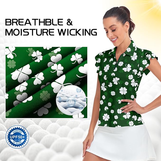 Soneven Womens Petal Sleeve Golf Shirts Moisture Wicking Lady Golf Apparel Print Tennis Sport T Shirt