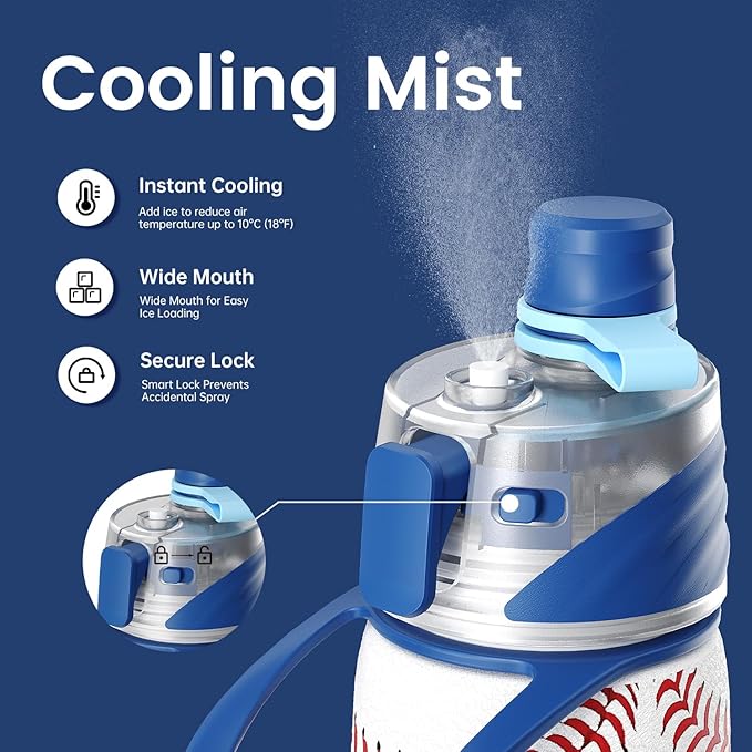Baseball Water Bottle - 20oz Insulated Misting Water Bottles Stainless Steel 3D Textured - Baseball Accessories Gift for Kids