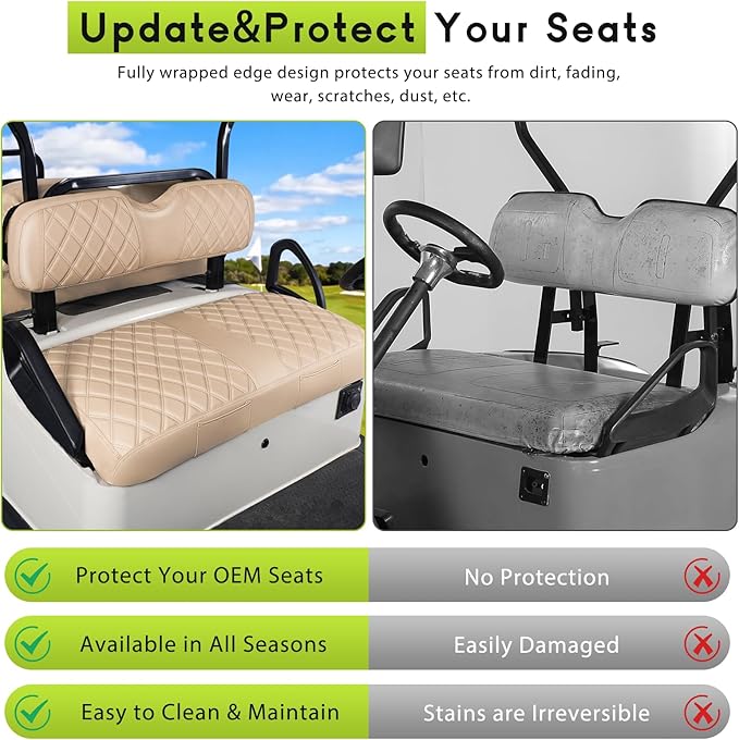 Golf Cart Seat Cover Front and Rear Set of 2 Fit for EZGO RXV OEM Ordinary Seats No Nails Easy to Install & Clean Beige Vinyl Leather Seat Covers