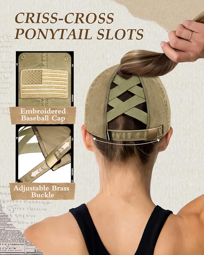 Flafens Women Pony Hats High Ponytail Baseball Caps - Cotton Vintage Washed Distressed Adjustable Criss Cross Trucker Hat