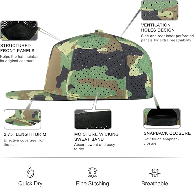 FEINION Men Flat Brim Adjustable Performance Hat Snapback Laser Perforated Baseball Cap