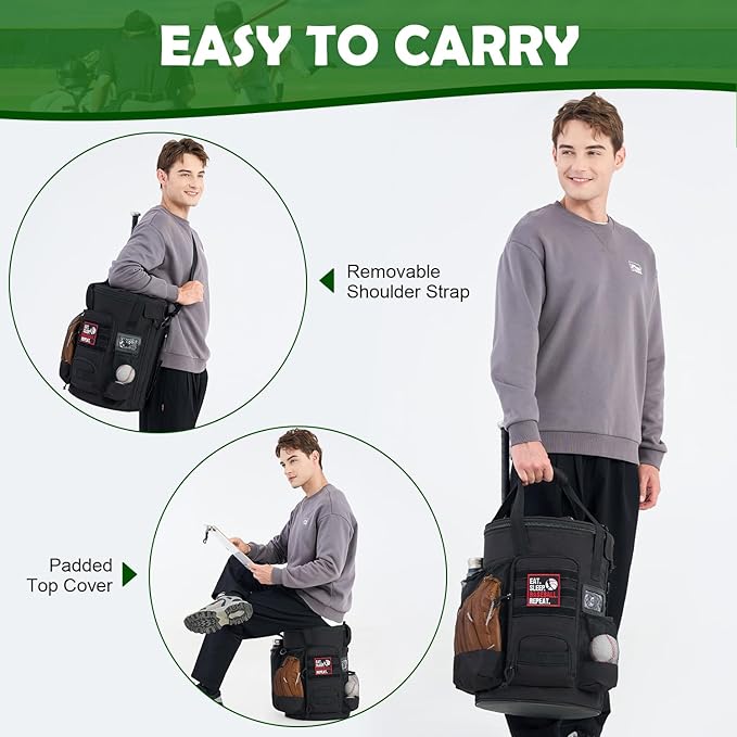 Baseball Bucket Bag Baseball Coaching Accessories Organizer Softball Bucket Bag with Anti-Slip Bottom & Multiple Pockets for Bat, Gloves, Scoreboards