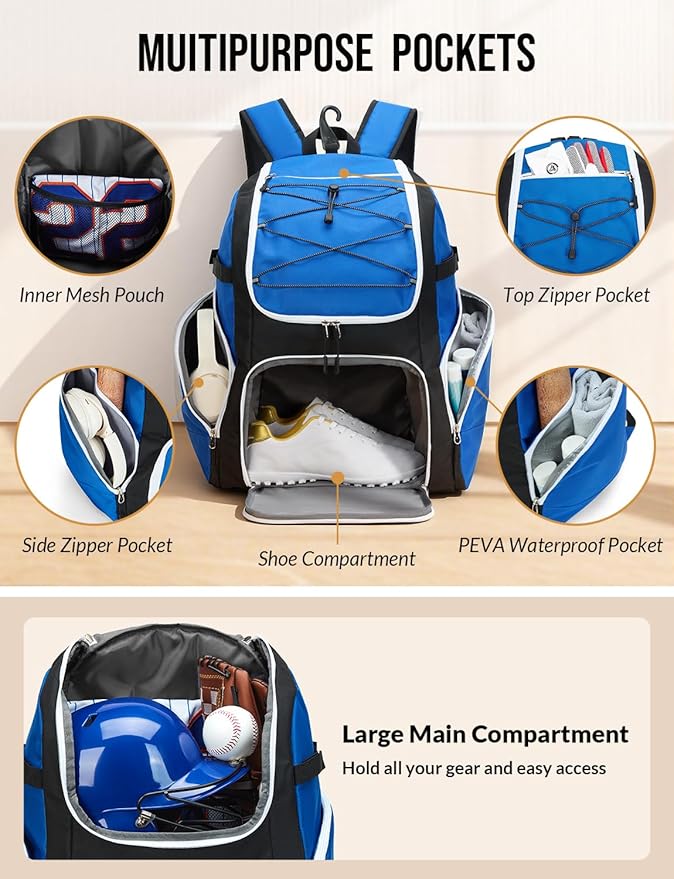 Baseball Backpack for Adult Large Capacity Softball Bat Bag with Shoe Compartment & Wet Pocket Baseball Bag with Fence Hook for 4 Bats & Equipment