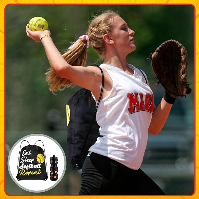 Reallnaive 12 Pcs Softball Party Favors 24 oz Softball Water Bottle Gift for Team with Drawstring Bag Bulk Gifts Tumbler Cup Sports Themed Accessories for Events Supplies
