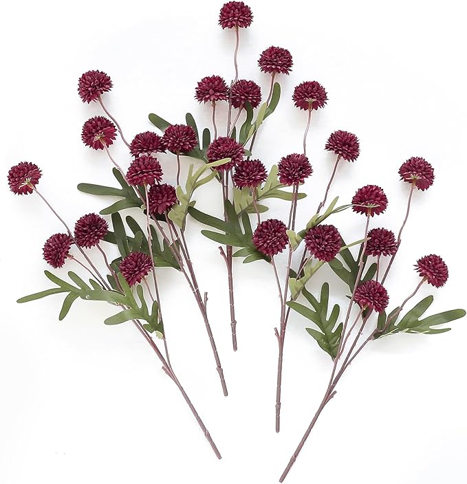Floroom 5pcs Burgundy Faux Silk Mums Artificial Flowers, Bulk Fake Small Mini by Floroom