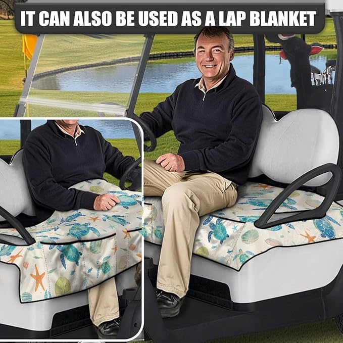Golf Cart Seat Covers, Universal Golf Cart Seat Towel Blanket with 4 Front Pockets & Nonskid Bottom Fits for Club Car 2 Person Seats Golf Carts