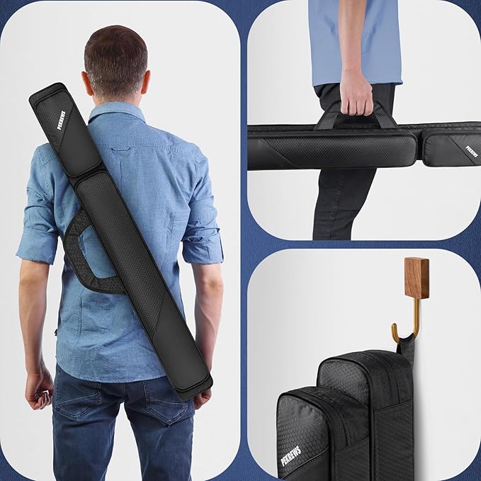 PEKREWS Pool Cue Case, Pool Stick Case 2x2 Holds 2 Sticks with 2 Accessory Zipper Pockets, Sturdy Polyester Pool Cue Carry Bag with Shoulder Strap Handle, Soft Billiard Cue Sling Bag for Men and Women