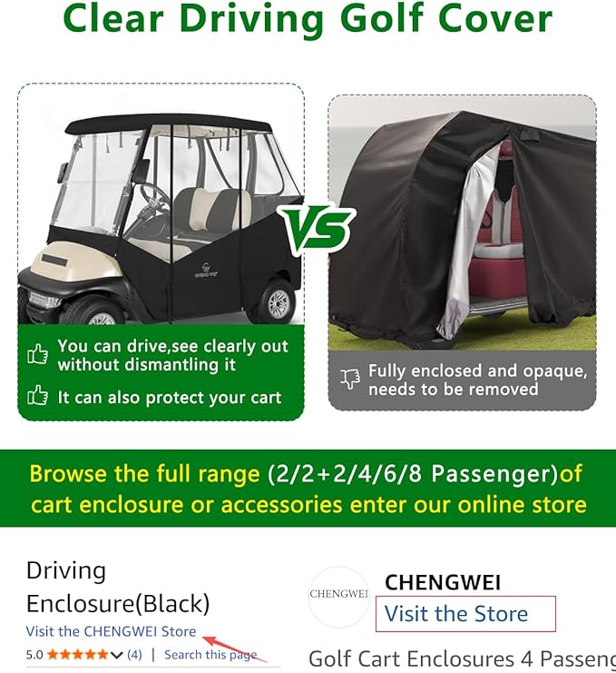 2 Passenger Golf Cart Enclosure for Club Car Precedent Tempo Onward, 600D Waterproof Driving Rain Cover with Full Roll-Up Clear Windows & Doors, Heavy Duty Zippers & Side Mirror Openings
