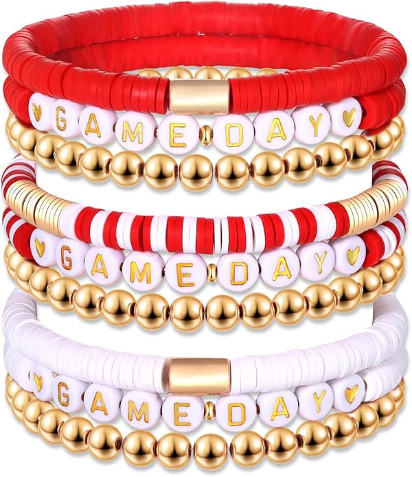 NLCAC 9 Pack Game Day Bracelets Stackable Heishi Beaded Stretchy Bracelet Preppy Jewelry Baseball Football Team Bracelets Sports Fan Accessories Gifts
