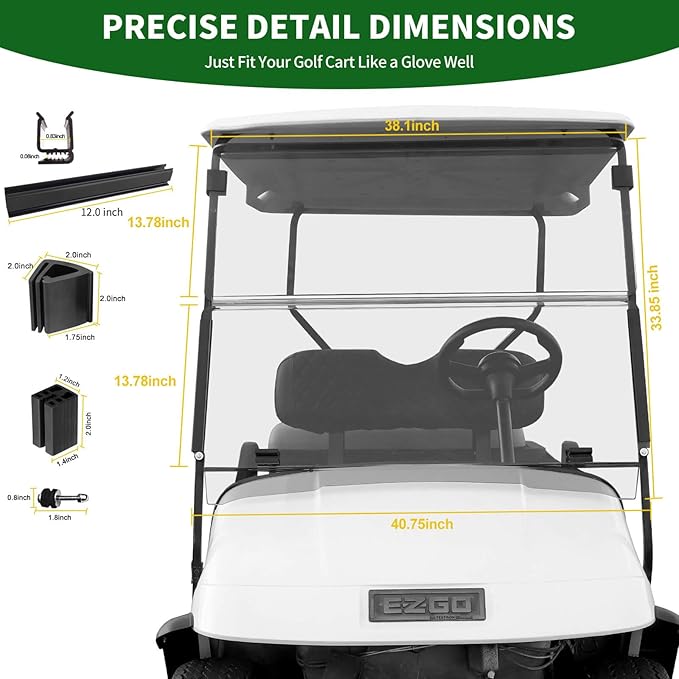 Golf Cart Foldable Windshield 3/16" (5MM) Thicken for 1995-2013 EZGO TXT & Medalist, 40.75" W×33.85" H, Fits 3/4" Rail Front Folding Windscreen Glass Scratch-Resistant, Shatterproof, Anti-UV
